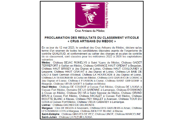 6 nouveaux crus artisans du Médoc pour 2022-2026