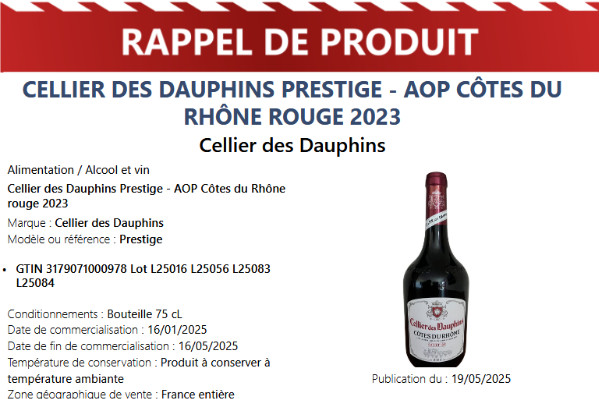 Objectif rappeler et détruire 'le maximum de bouteilles potentiellement dangereuses' pour le Cellier des Dauphins