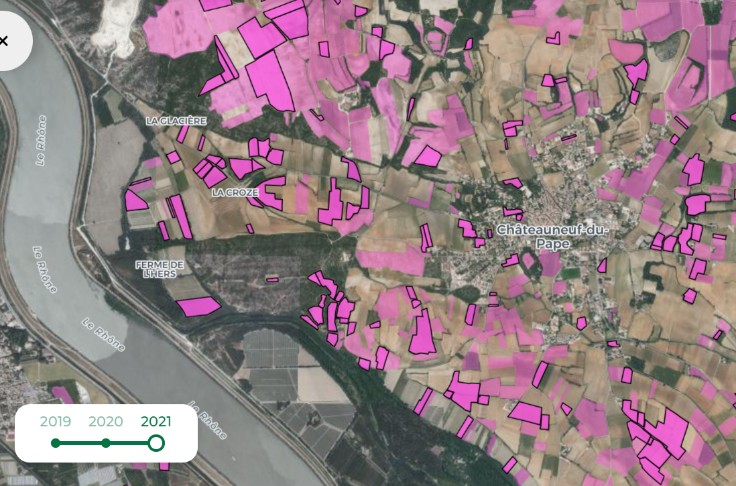 Une carte des parcelles de vignes bio de France